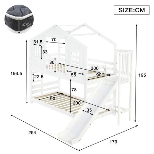 Lit Superposé 90x200 Cm, Avec Toboggan Et Lattes, Design Cabane En Bois, Blanc