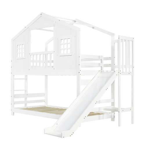 Lit Superposé 90x200 Cm, Avec Toboggan Et Lattes, Design Cabane En Bois, Blanc