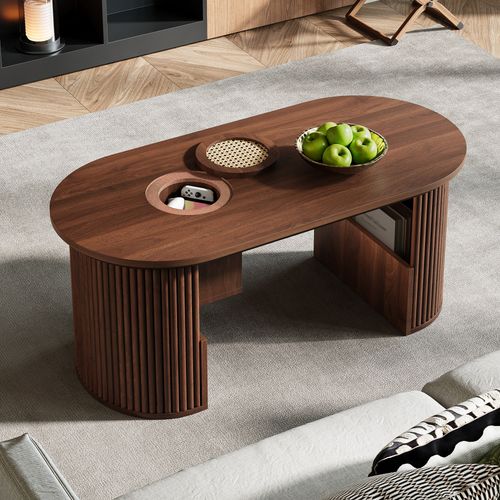 Table Basse Ovale Noyer Avec Rangements Ouverts, 105x50x46,5 Cm