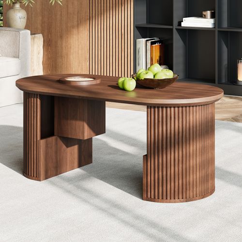 Table Basse Ovale Noyer Avec Rangements Ouverts, 105x50x46,5 Cm