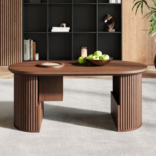 Table Basse Ovale Noyer Avec Rangements Ouverts, 105x50x46,5 Cm