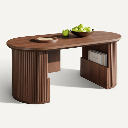 Table Basse Ovale Noyer Avec Rangements Ouverts, 105x50x46,5 Cm
