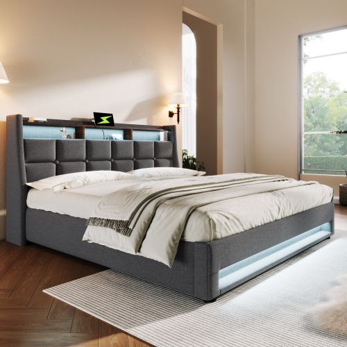 Lit Coffre 180x200 Cm, Lit Avec LED Et Port USB, Avec Tête De Lit, En Tissu, Gris
