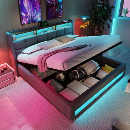 Lit Coffre 180x200 Cm, Lit Avec LED Et Port USB, Avec Tête De Lit, En Tissu, Gris