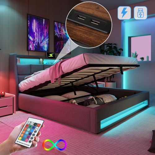 Lit Coffre 180x200 Cm, Lit Avec LED Et Port USB, Avec Tête De Lit, En Tissu, Gris