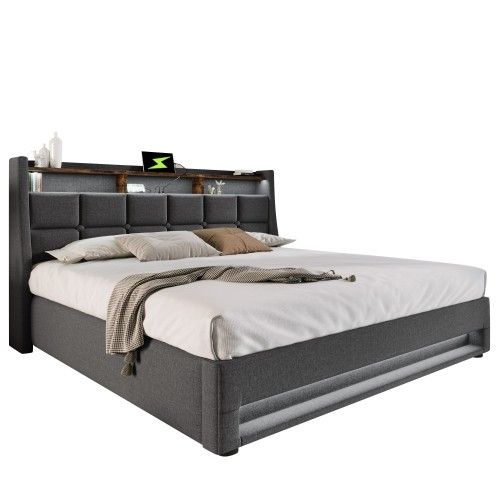 Lit Coffre 180x200 Cm, Lit Avec LED Et Port USB, Avec Tête De Lit, En Tissu, Gris