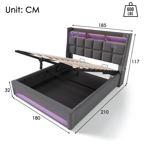 Lit Coffre 180x200 Cm, Lit Avec LED Et Port USB, Avec Tête De Lit, En Tissu, Gris