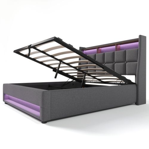Lit Coffre 180x200 Cm, Lit Avec LED Et Port USB, Avec Tête De Lit, En Tissu, Gris