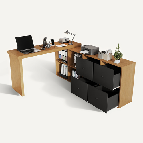 Bureau D'angle Pivotant 360° Avec Rangement, 4 Niches Et 4 Tiroirs, Noir Et Chêne