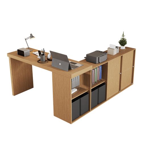 Bureau D'angle Pivotant 360° Avec Rangement, 4 Niches Et 4 Tiroirs, Noir Et Chêne