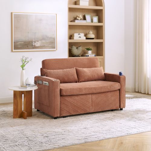 Canapé Convertible 2 Places Orange Avec Ports USB Et Fonction Relax