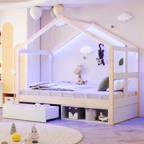 Lit Cabane 90x190 Cm, Lit Enfant Avec Tiroir, Meuble à Chaussures Et LED, Lit En Bois, Naturel