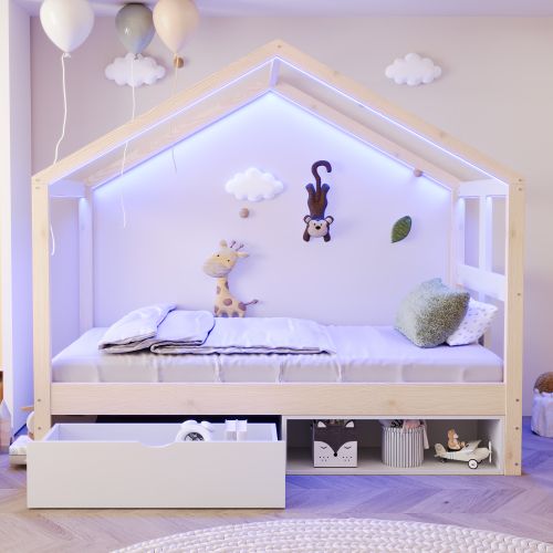 Lit Cabane 90x190 Cm, Lit Enfant Avec Tiroir, Meuble à Chaussures Et LED, Lit En Bois, Naturel
