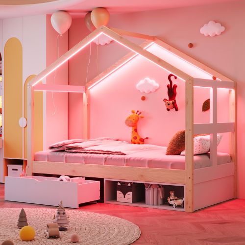 Lit Cabane 90x190 Cm, Lit Enfant Avec Tiroir, Meuble à Chaussures Et LED, Lit En Bois, Naturel