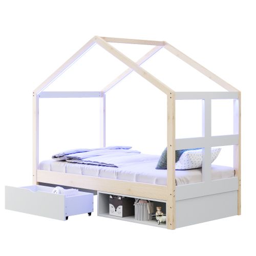 Lit Cabane 90x190 Cm, Lit Enfant Avec Tiroir, Meuble à Chaussures Et LED, Lit En Bois, Naturel