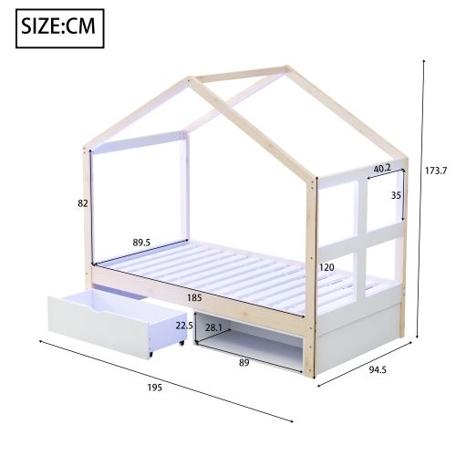 Lit Cabane 90x190 Cm, Lit Enfant Avec Tiroir, Meuble à Chaussures Et LED, Lit En Bois, Naturel