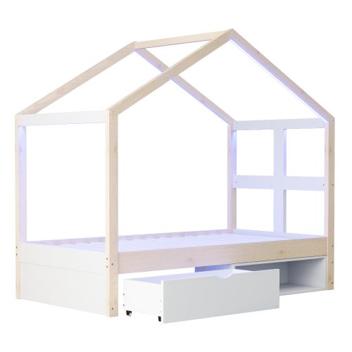 Lit Cabane 90x190 Cm, Lit Enfant Avec Tiroir, Meuble à Chaussures Et LED, Lit En Bois, Naturel