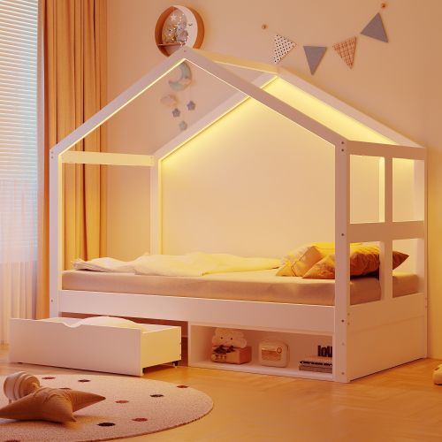 Lit Cabane 90x190 Cm, Lit Enfant Avec Tiroir, Meuble à Chaussures Et LED, Lit En Bois, Blanc