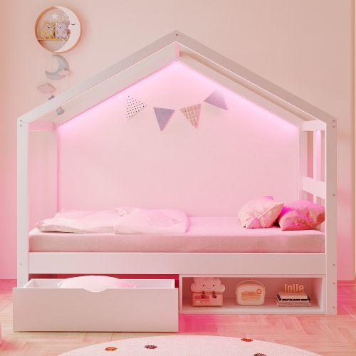 Lit Cabane 90x190 Cm, Lit Enfant Avec Tiroir, Meuble à Chaussures Et LED, Lit En Bois, Blanc