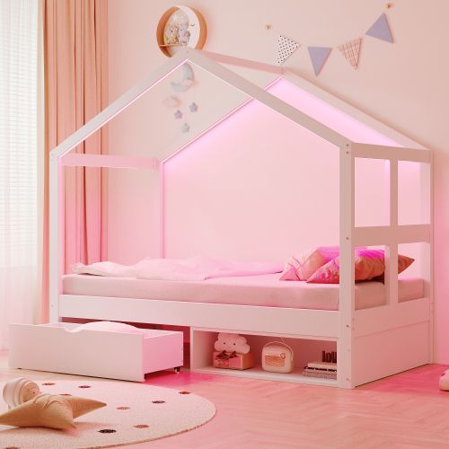 Lit Cabane 90x190 Cm, Lit Enfant Avec Tiroir, Meuble à Chaussures Et LED, Lit En Bois, Blanc