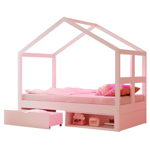 Lit Cabane 90x190 Cm, Lit Enfant Avec Tiroir, Meuble à Chaussures Et LED, Lit En Bois, Blanc