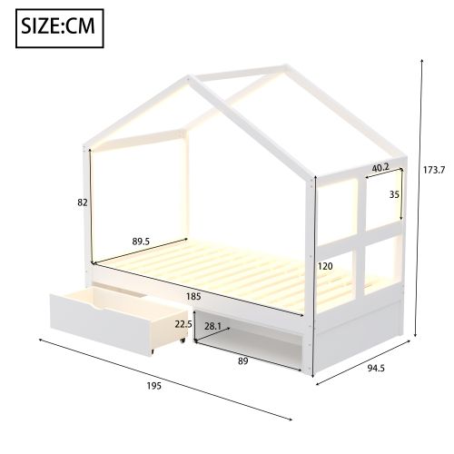 Lit Cabane 90x190 Cm, Lit Enfant Avec Tiroir, Meuble à Chaussures Et LED, Lit En Bois, Blanc