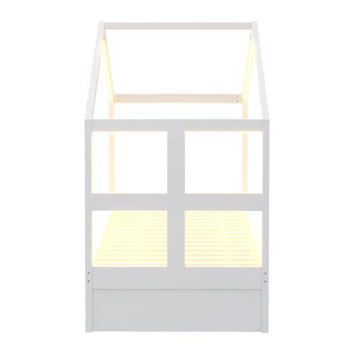 Lit Cabane 90x190 Cm, Lit Enfant Avec Tiroir, Meuble à Chaussures Et LED, Lit En Bois, Blanc