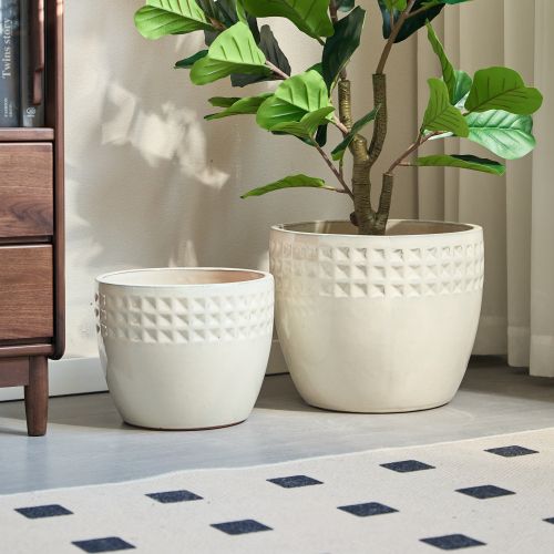 Pot De Fleurs En Céramique Blanc Ancien Brillant Avec Trou De Drainage, Intérieur/extérieur