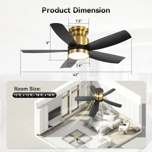 Ventilateur De Plafond 42" Avec LED Dimmable, Moteur Dc Silencieux, Télécommande, Noir
