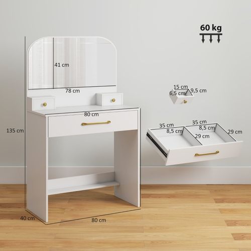 Coiffeuse Blanche Compacte Avec Miroir Incurvé Et 3 Tiroirs