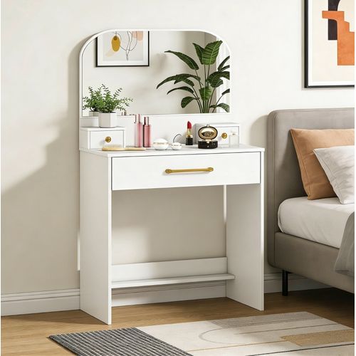 Coiffeuse Blanche Compacte Avec Miroir Incurvé Et 3 Tiroirs