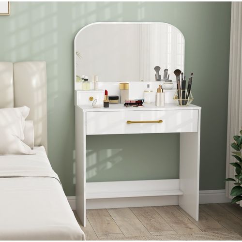 Coiffeuse Blanche Compacte Avec Miroir Incurvé Et 3 Tiroirs