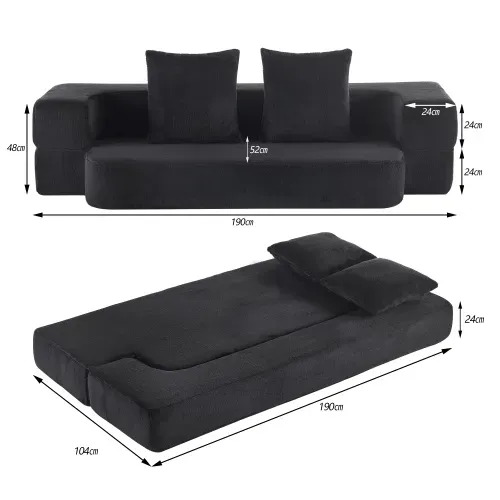 Canapé Convertible 2 Places En Mousse Noire Avec Coussins, Sans Montage