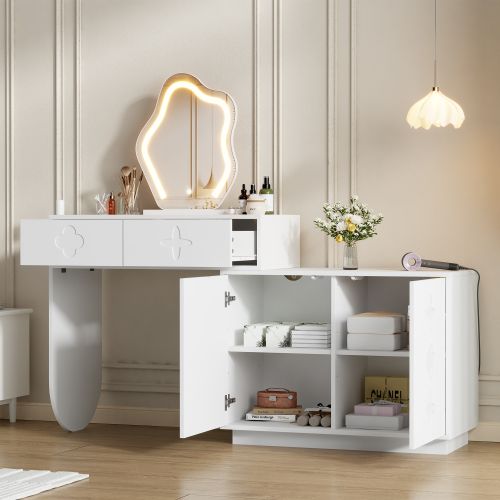 Coiffeuse Avec Miroir LED, 2 Tiroirs Et Armoire Latérale Réglable, Blanc, 160x40x132 Cm