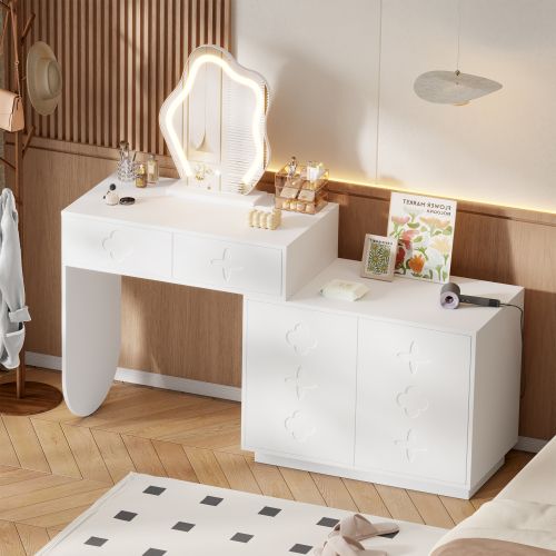 Coiffeuse Avec Miroir LED, 2 Tiroirs Et Armoire Latérale Réglable, Blanc, 160x40x132 Cm