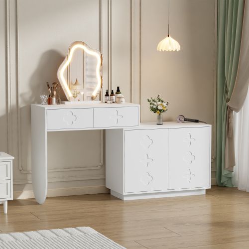 Coiffeuse Avec Miroir LED, 2 Tiroirs Et Armoire Latérale Réglable, Blanc, 160x40x132 Cm