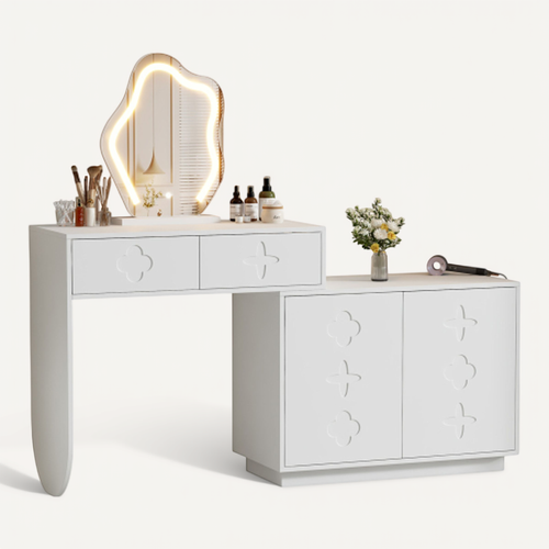 Coiffeuse Avec Miroir LED, 2 Tiroirs Et Armoire Latérale Réglable, Blanc, 160x40x132 Cm