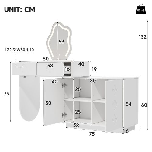 Coiffeuse Avec Miroir LED, 2 Tiroirs Et Armoire Latérale Réglable, Blanc, 160x40x132 Cm