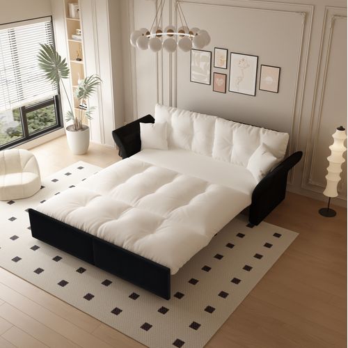 Canapé Convertible 2 Places En Velours Beige Avec 2 Coussins