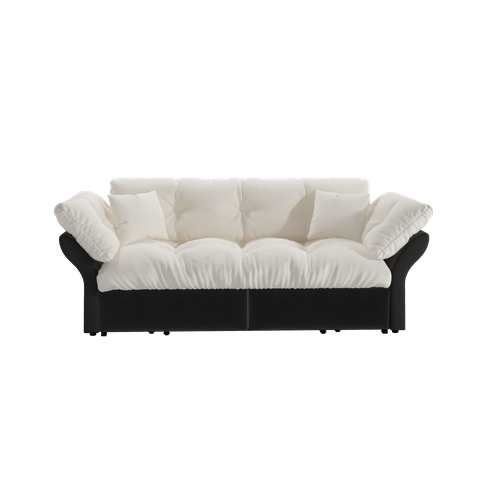 Canapé Convertible 2 Places En Velours Beige Avec 2 Coussins