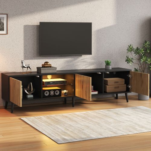 Meuble TV Bois Et Noir 175x31x43,5 Cm Avec LED, Niche Ouverte, 2 étagères En Verre