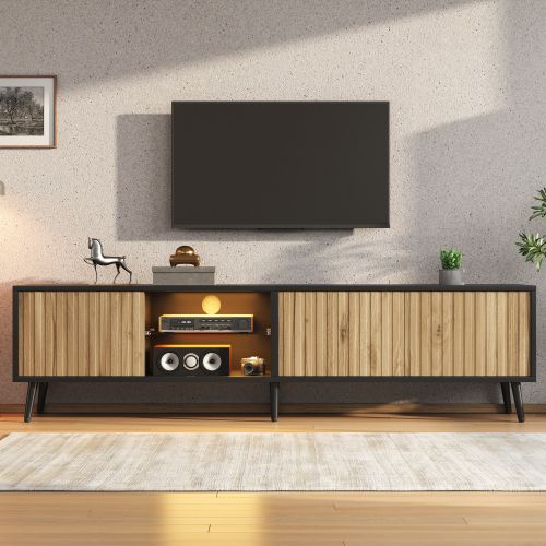 Meuble TV Bois Et Noir 175x31x43,5 Cm Avec LED, Niche Ouverte, 2 étagères En Verre