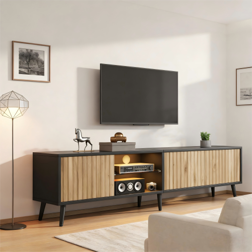 Meuble TV Bois Et Noir 175x31x43,5 Cm Avec LED, Niche Ouverte, 2 étagères En Verre