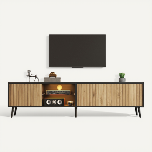 Meuble TV Bois Et Noir 175x31x43,5 Cm Avec LED, Niche Ouverte, 2 étagères En Verre