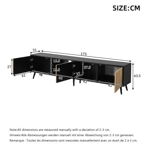 Meuble TV Bois Et Noir 175x31x43,5 Cm Avec LED, Niche Ouverte, 2 étagères En Verre