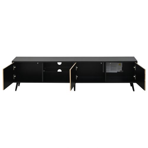 Meuble TV Bois Et Noir 175x31x43,5 Cm Avec LED, Niche Ouverte, 2 étagères En Verre