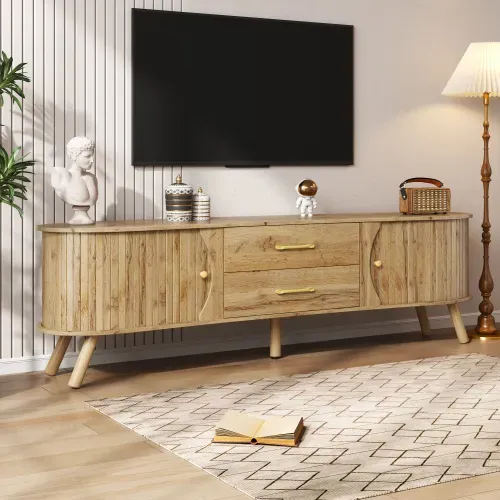 Meuble TV Bois 160x36,5x55 Cm Avec 2 Portes Coulissantes Et 2 Tiroirs