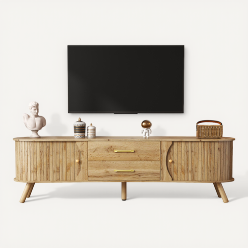 Meuble TV Bois 160x36,5x55 Cm Avec 2 Portes Coulissantes Et 2 Tiroirs