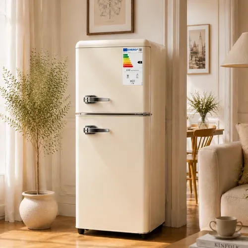 Réfrigérateur 2 Porte 112 L Avec Congélateur, En Plastique Et Acier, Blanc Cassé