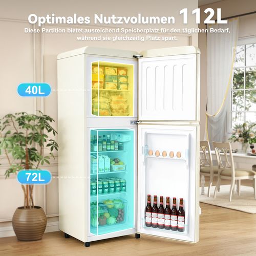 Réfrigérateur 2 Porte 112 L Avec Congélateur, En Plastique Et Acier, Blanc Cassé